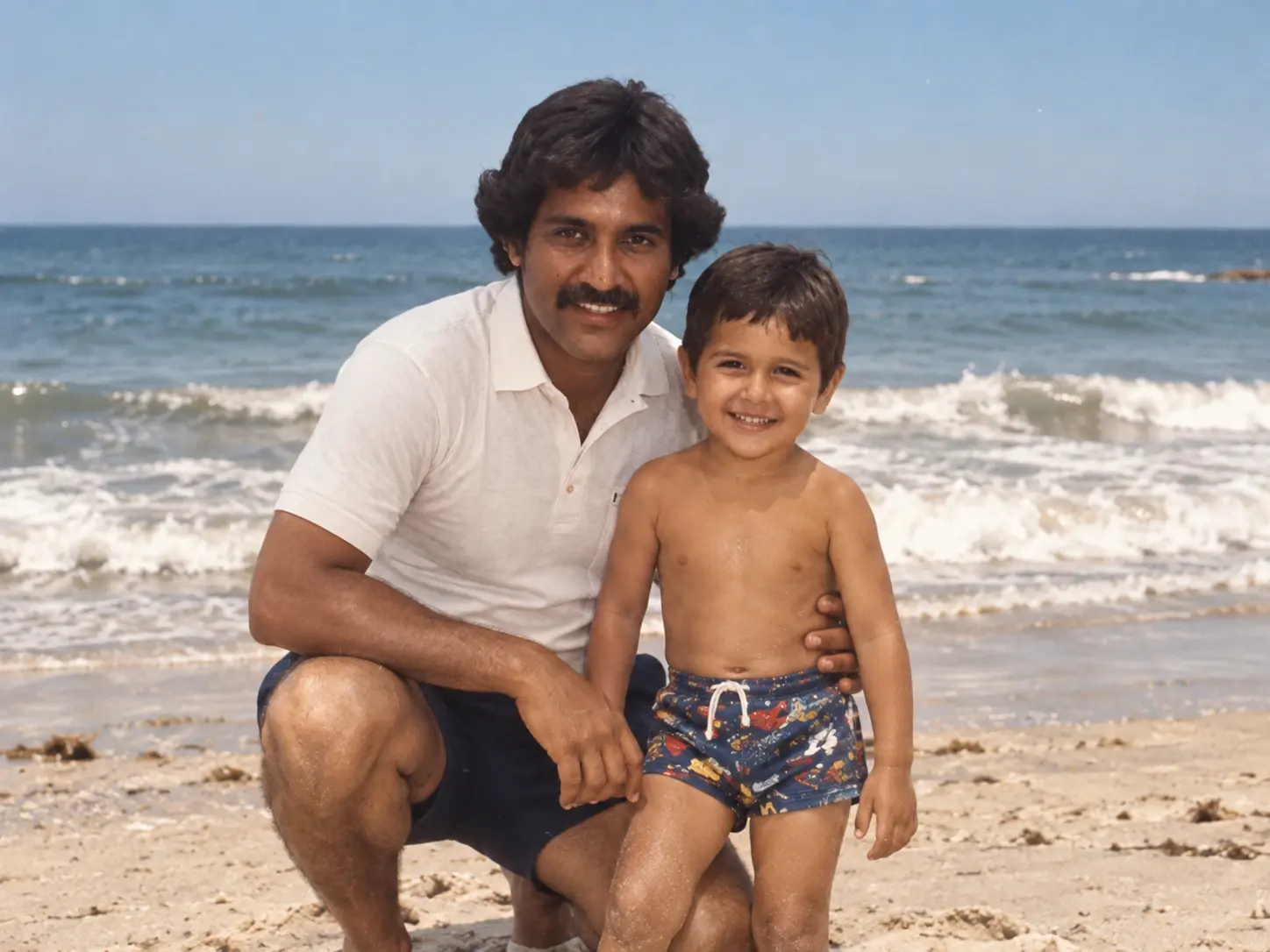Generated archival-style concept: father figure and smiling boy beside surf.