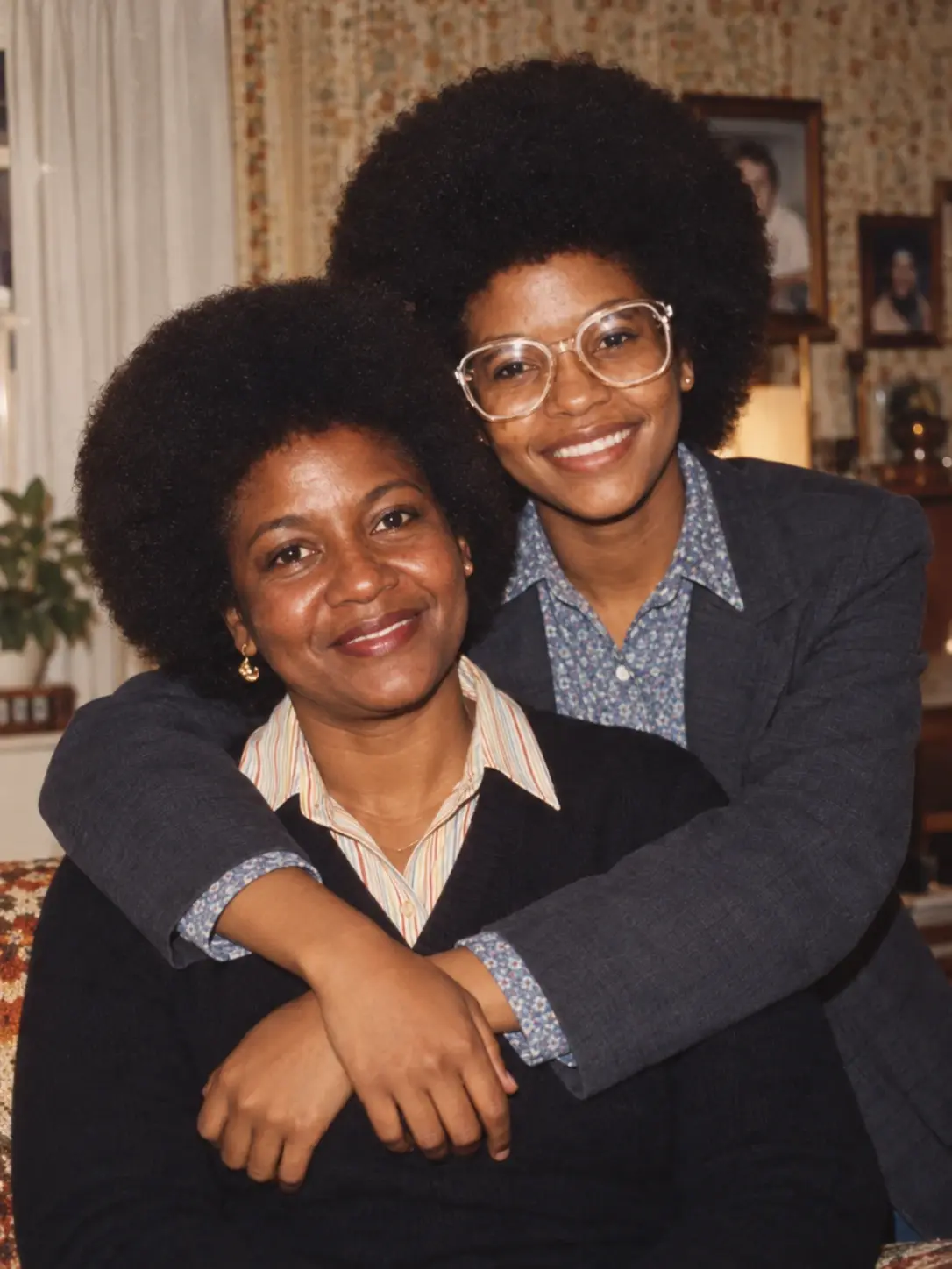 Generated archival-style concept: two Black family members in glasses embracing indoors.